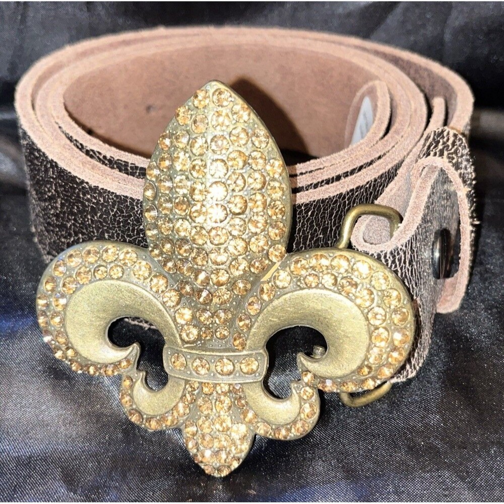 Fleur-de-lis jeweled Rustic Brown Leather Belt Women Sz XL-1X